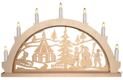 Schwibbogen Seiffener Kirche mit Schaftkerzen. Die Kerzen sind nicht verblendet. Aus dem Erzgebirge