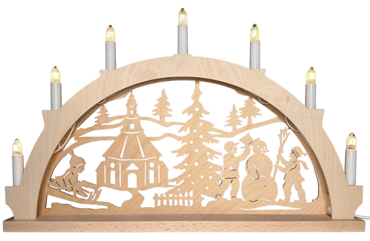 Schwibbogen 7 flammig Seiffener Kirche mit offenen Kerzen Schwibbogen Seiffener Kirche mit Schaftkerzen. Die Kerzen sind nicht verblendet. Aus dem Erzgebirge