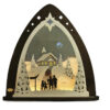 Lichterspitze aus Acrylglas und Plexiglas in den Farbtönen Braun, Blau und Weiß. mit dem Motiv einer Bergkapelle.