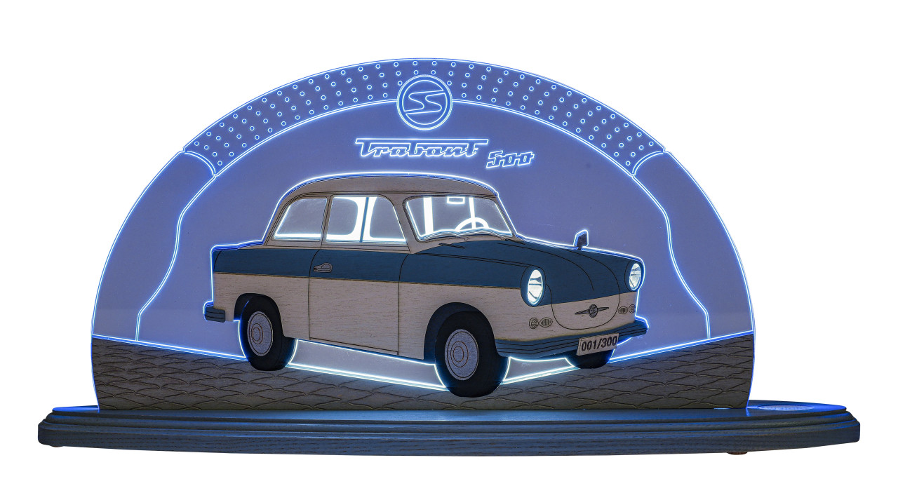 Motivleuchte Trabant 500 Dekoleuchte aus blauen Acrylglas mit dem Motiv Trabant 500 aus dem Erzgebirge