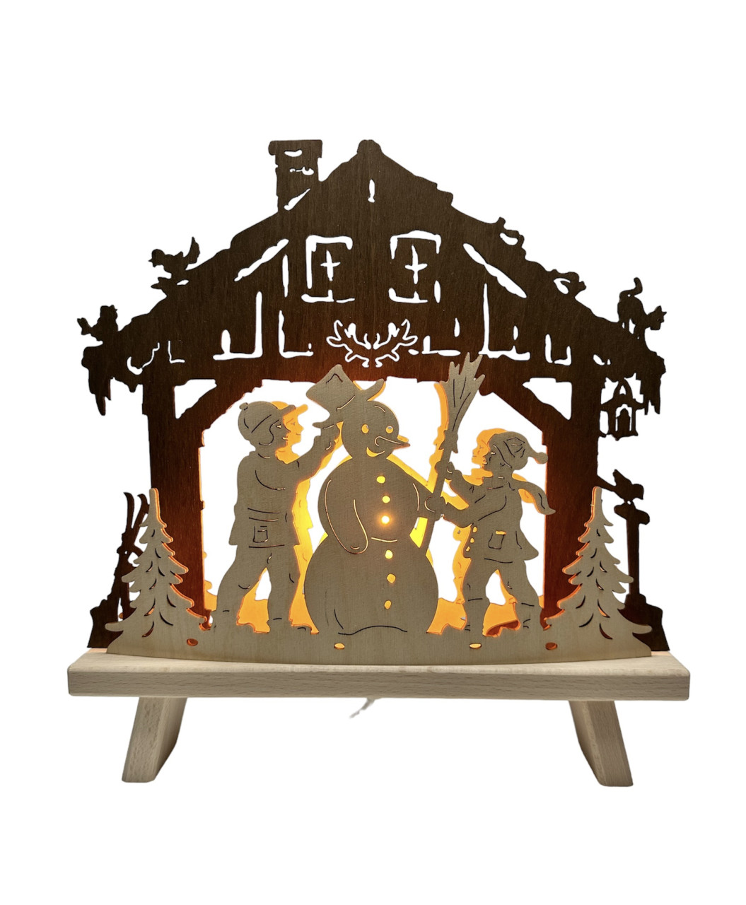 Dekoleuchte Schneemann bauen aus Holz aus dem Erzgebirge