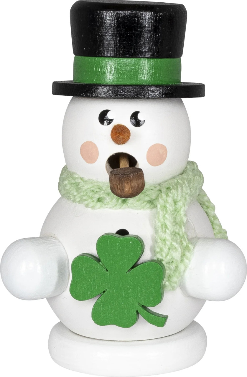 Räuchermann Schneemann weiß mit grünen Kleeblatt und grünen Schal und schwarzen
