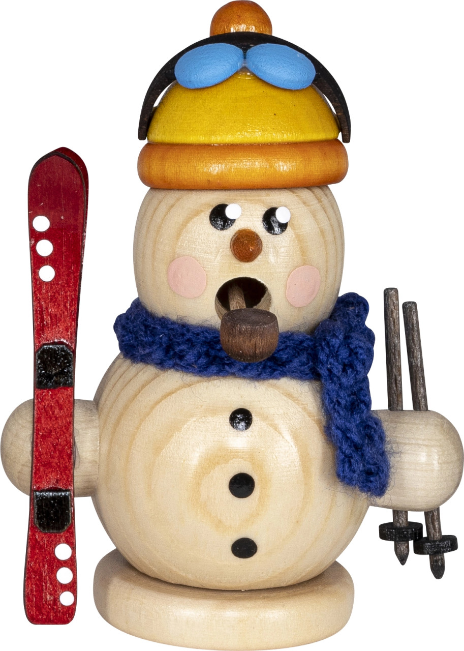 Räucherschneemann mit Ski Natur Mini Räuchermann Schneemann in Natur mit Ski in der Hand aus dem Erzgebirge