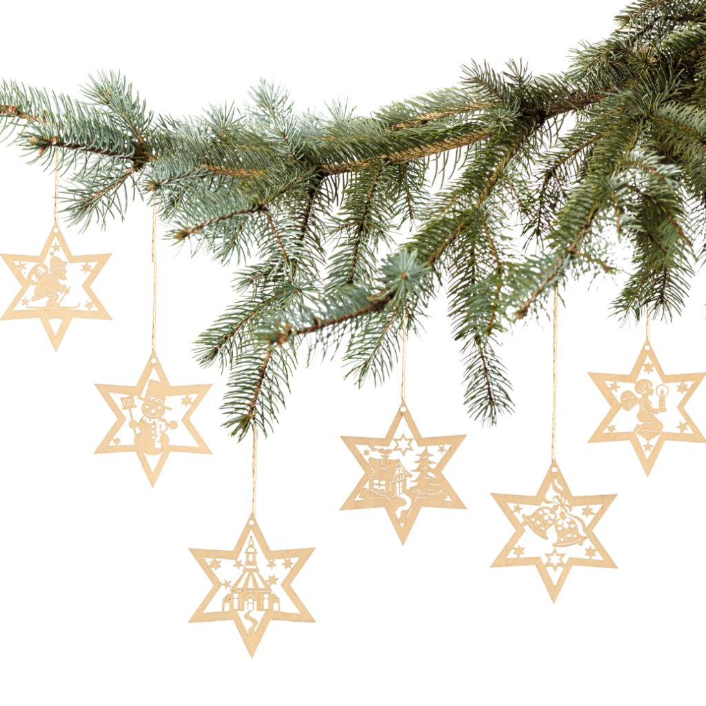Baumbehang Weihnachtssterne Baumbehang aus Holz 6 teilig mit 6 verschiedenen Motiven. Hergestellt im Erzgebirge