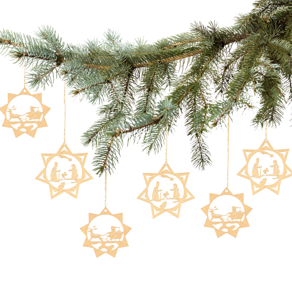 Baumbehang Winter Weihnacht Baumbehang aus Holz mit 2 verschiedenen Motiven. 6er Set. Hergestellt im Erzgebirge.