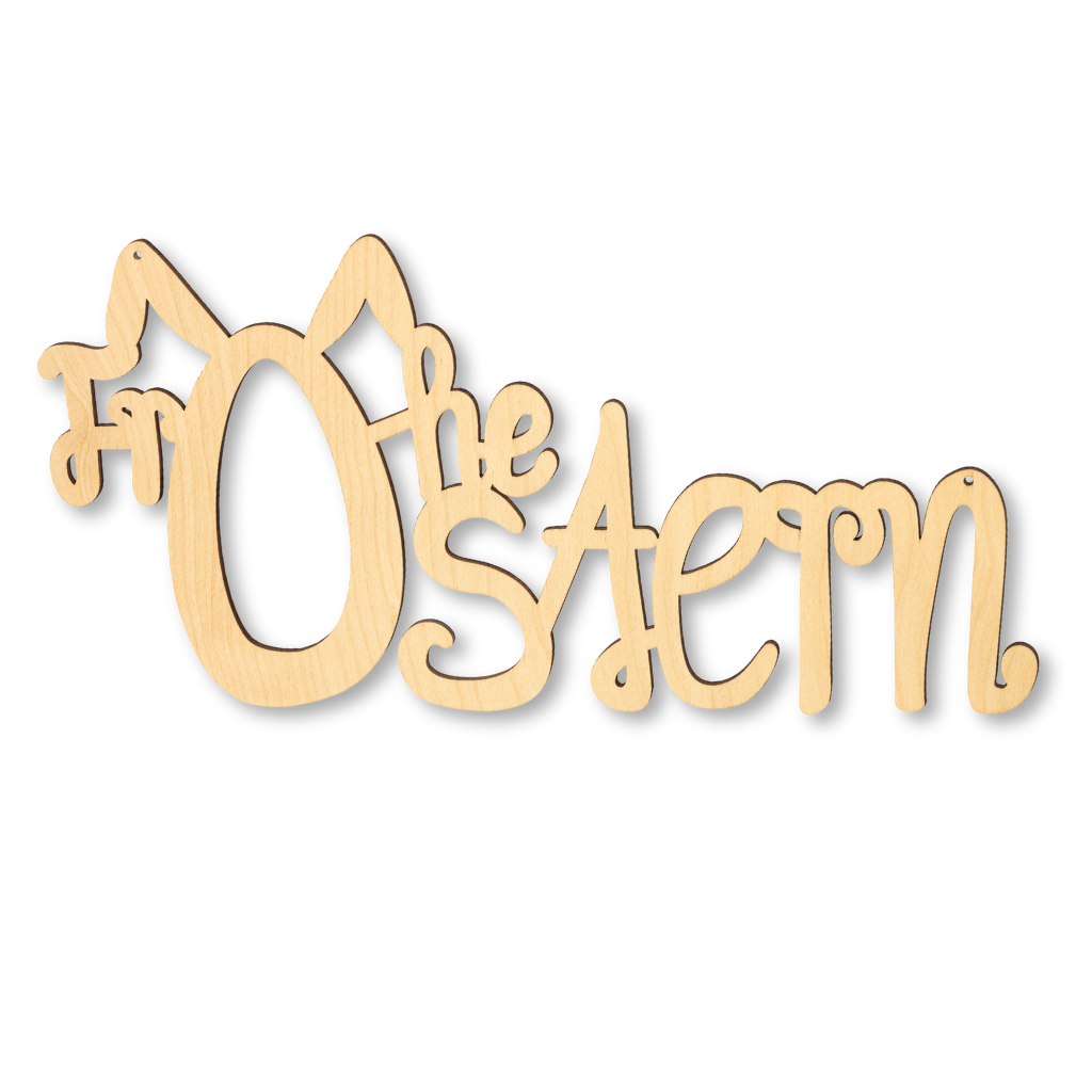 Dekohänger Frohe Ostern Schriftzug aus Holz mit "Frohe Ostern". Hergestellt im Erzgebirge