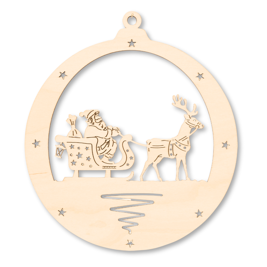 Dekohänger Weihnachtskugel Weihnachtsmann im Schlitten Dekohänger Weihnachtskugel aus Sperrholz mit Motiv innen Weihnachtsmann mit Weihnachtsschlitten wird von Rentier gezogen. Aus dem Erzgebirge