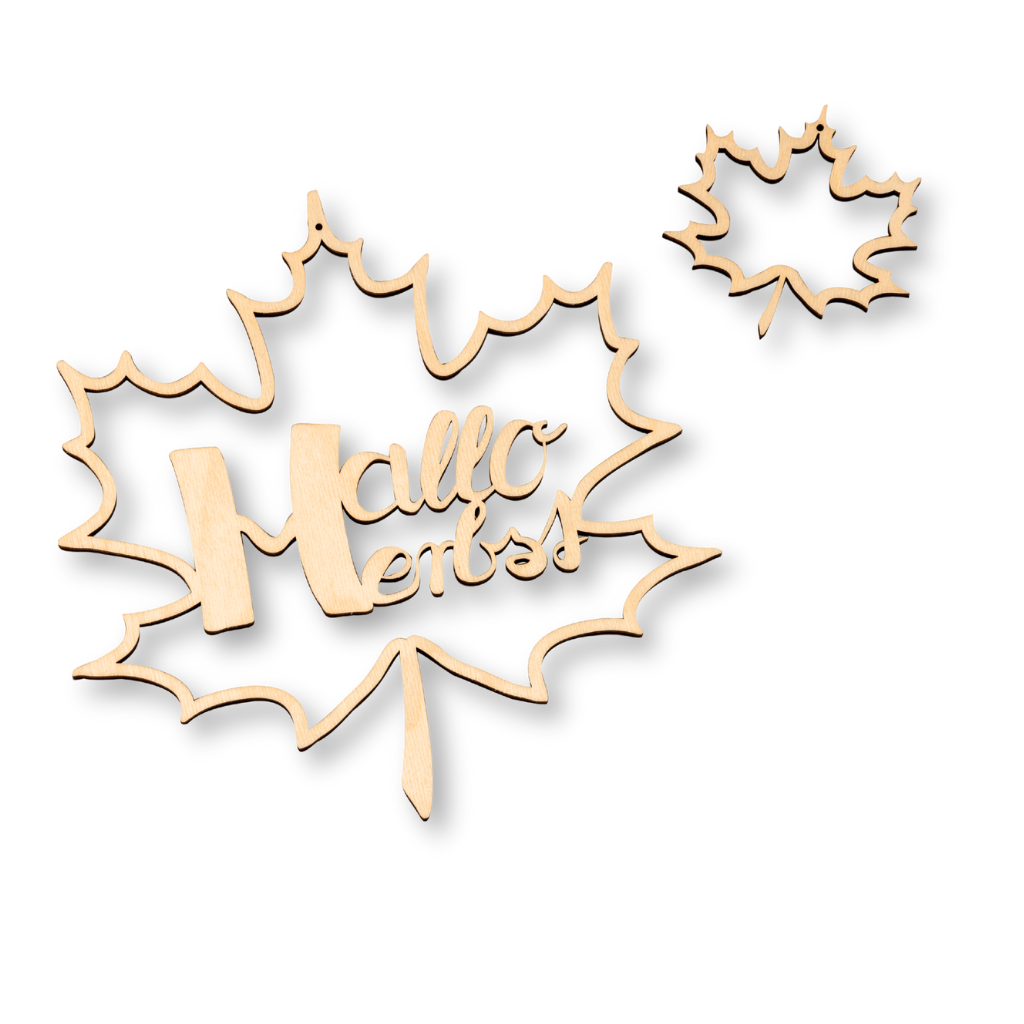Dekohänger Herbstblätter Dekohänger 2er Set Herbstblätter in unterschiedlicher Größe. In dem größeren Blatt befindet sich der Schriftzug "Hallo Herbst". Aus Sperrholz aus dem Erzgebirge.