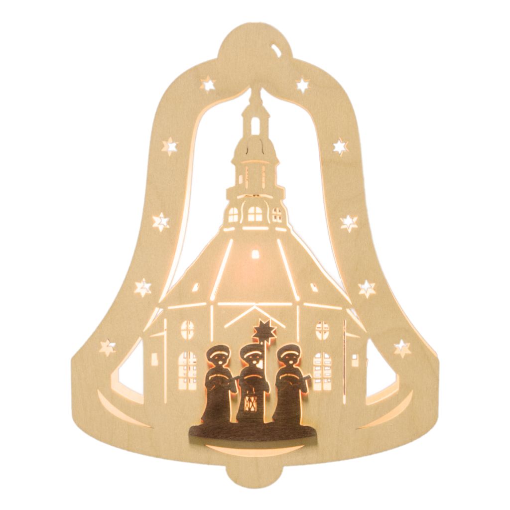 Fensterbild Glocke Kurrende Fensterbild aus Sperrholz gefertigt. Form einer Glocke. Innenmotiv ist die Seiffener Kirche darauf sind die Kurrendefiguren in braun geklebt