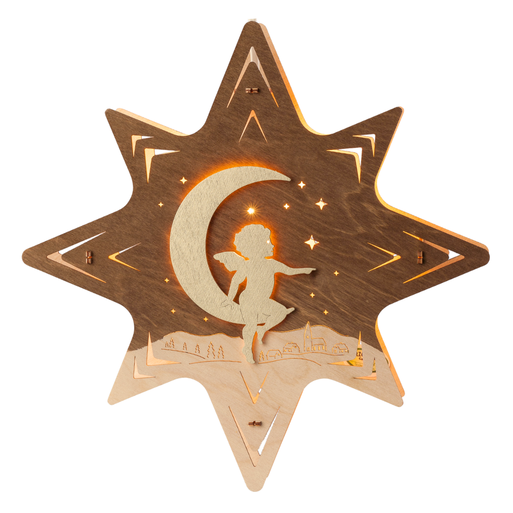 Fensterbild Stern Engel im mond Fensterbild aus Holz. Sternenaußenkontor. Motiv Engel sitzt auf einen goldenen Mond. Sonst Naturton und Braun. Aus dem Erzgebirge