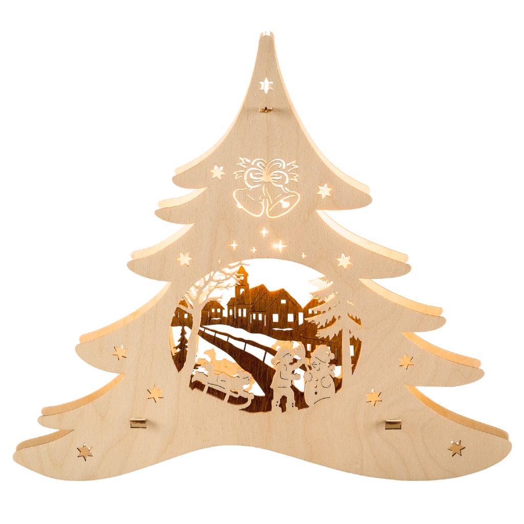 Fensterbild Tannenbaum Winterspaß beleuchtetes Fensterbild Tannenform. im Inneren befindet sich eine Dorflandschaft mit spielenden Kindern
