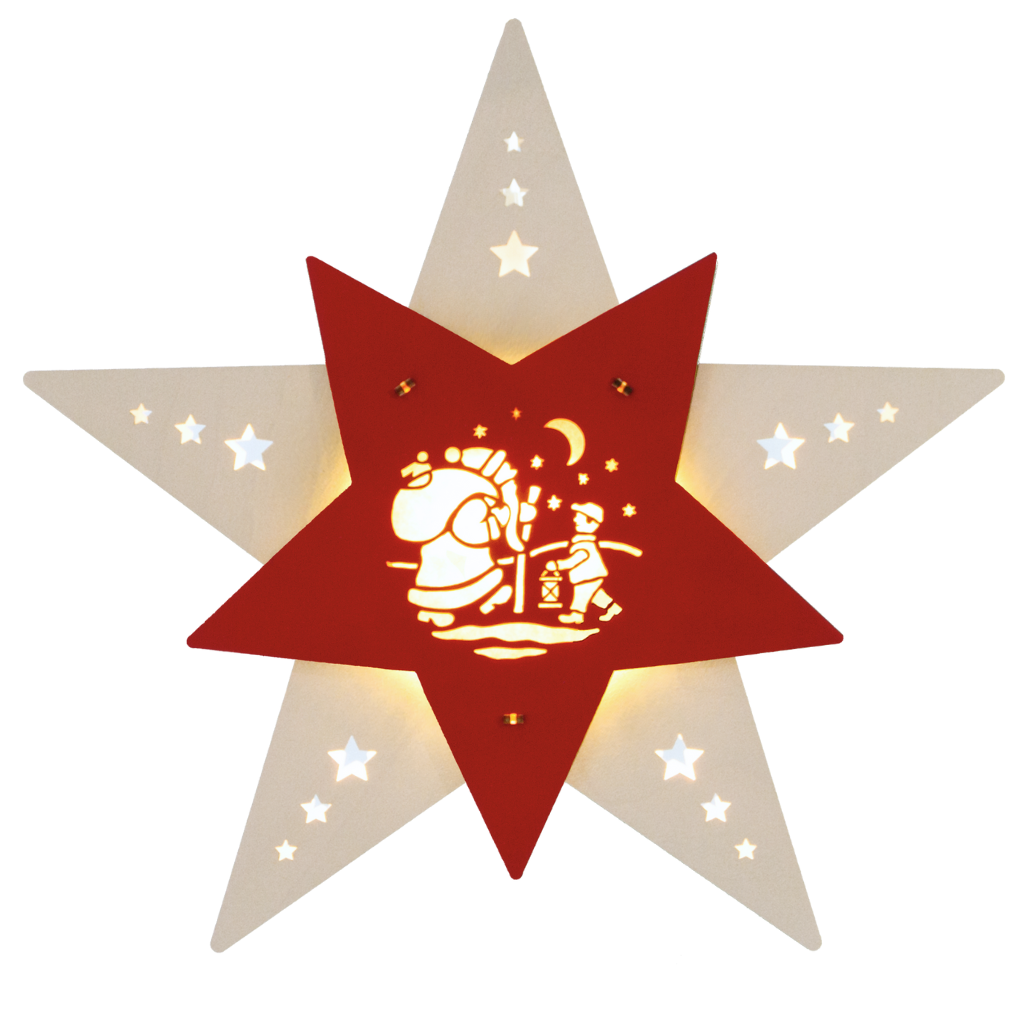 beleuchtetes Fensterbild Stern aus Holz in Weiß gehalten. Der Innenstern ist rot, in ihm befindet sich das Motiv des Knecht Ruprechts. Hergestellt im Erzgebirge