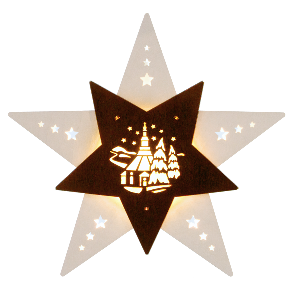 beleuchtetes Fensterbild Stern in Weiß Braun gehalten aus Holz. Im braunen Stern ist die Seiffener Kirche abgebildet. Motiv ist beidseitig. Hergestellt im Erzgebirge.