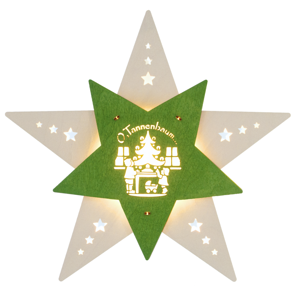 beleuchtetes Fensterbild aus Holz in Weiß und grün gehalten. Beidseitiges Motiv. Motiv sind Kinder die einen Tannenbaum schmücken für Weihnachten. Hergestellt im Erzgebirge.