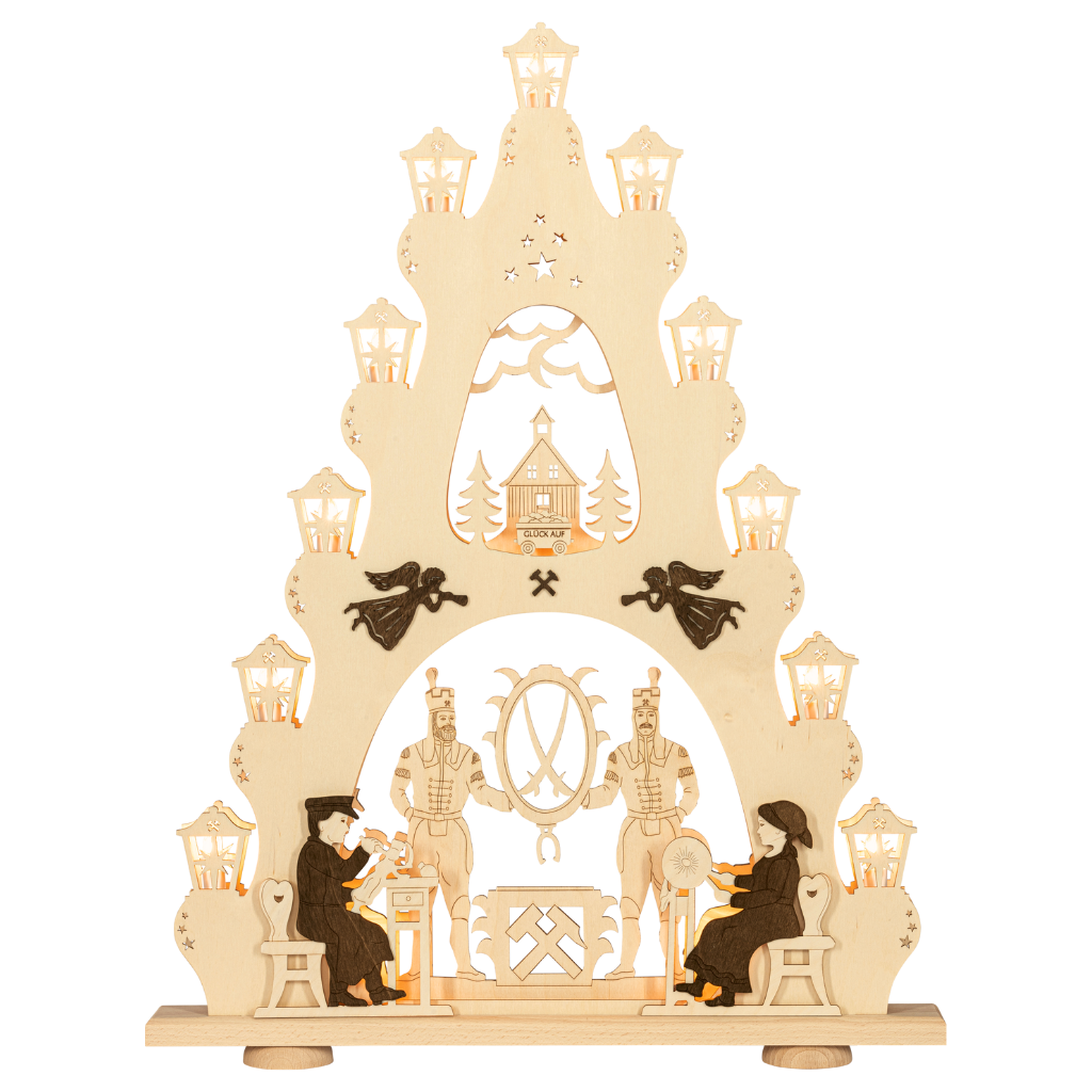 Lichterspitze 15 flammig Erzgebirge Lichterspitze 15 flammig mit traditionellen Erzgebirge Bergmann Motiv. Aus dem Erzgebirge