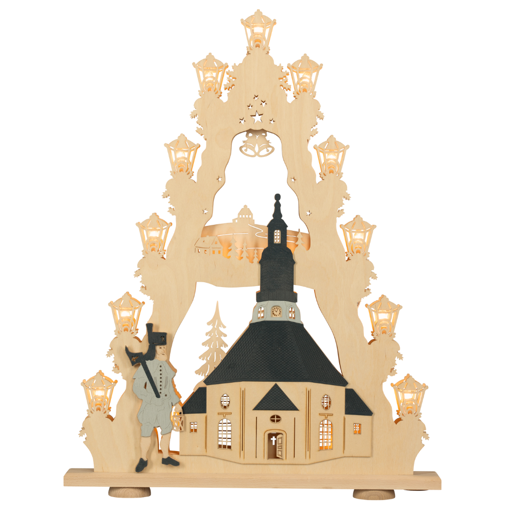Lichterspitze 15 flammig Seiffener Kirche Lichterspitze Seiffener Kirche mit Bergmann 15 flammig aus dem Erzgebirge