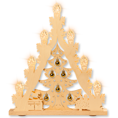 Lichterspitze aus Holz Weihnachtsbaum mit goldenen Kugeln 7 flammig. Hergestellt im ERzgebirge