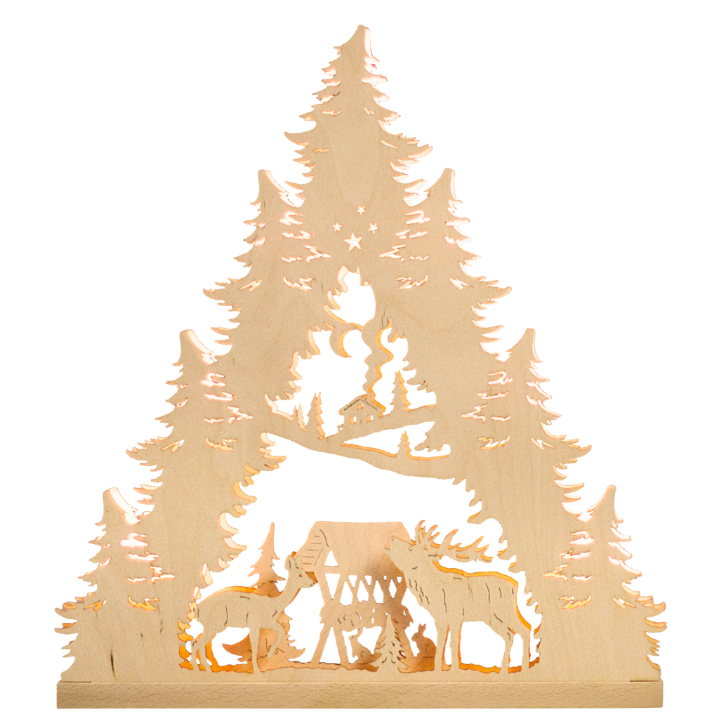 Lichterspitze 7 flammig mit Hirschmotiv und Futterkrippe. Waldmotiv. Hergestellt im Erzgebirge