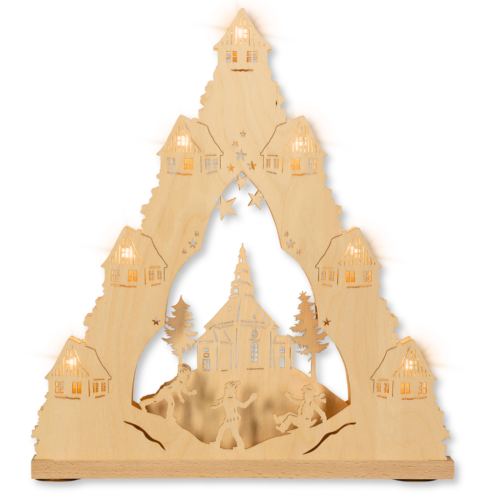 Lichterspitze aus Sperrholz Motiv Seiffener Kirche mit spielenden Kindern. Hergestellt im Erzgebirge.