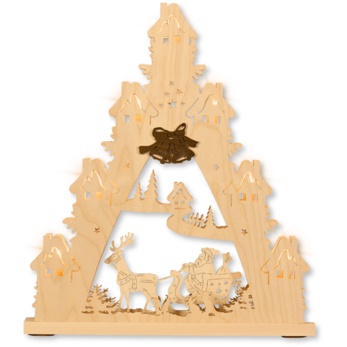 Lichterspitze aus Sperrholz. Motiv: WEihnachtsmann mit Schlitten wird von Rentier gezogen. Im Erzgebirge hergestellt.