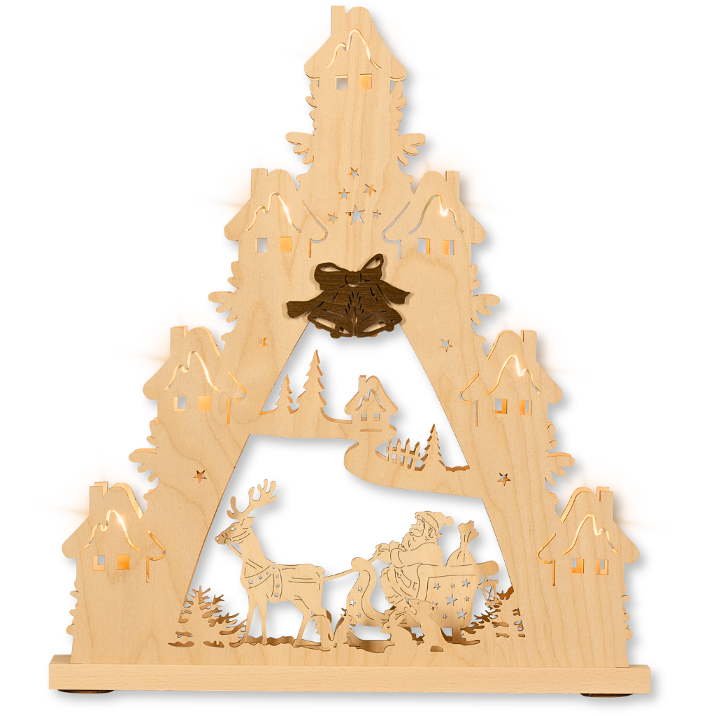 Lichterspitze aus Sperrholz. Motiv: WEihnachtsmann mit Schlitten wird von Rentier gezogen. Im Erzgebirge hergestellt.