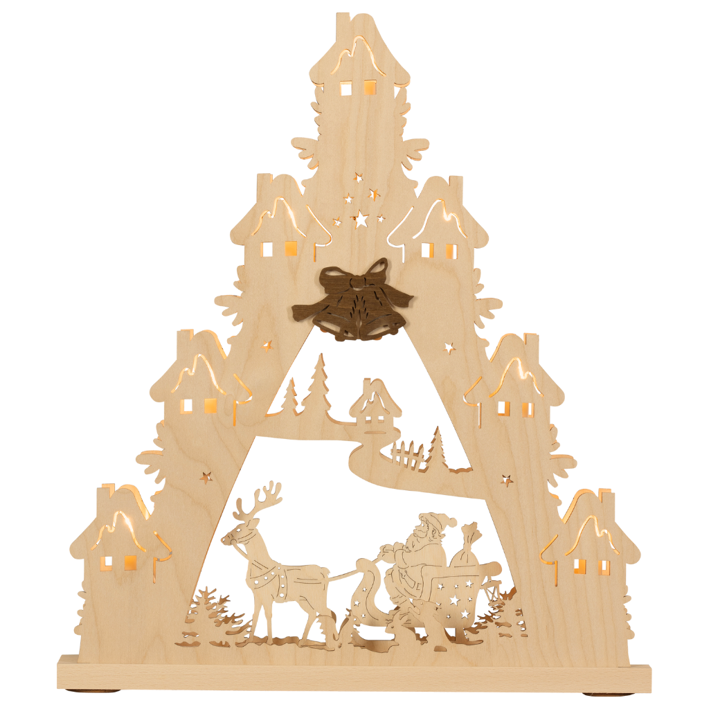 Lichterspitze Weihnachtsmann sitzt im Schlitten und wird von einem Rentier gezogen. Hergestellt im Erzgebirge.