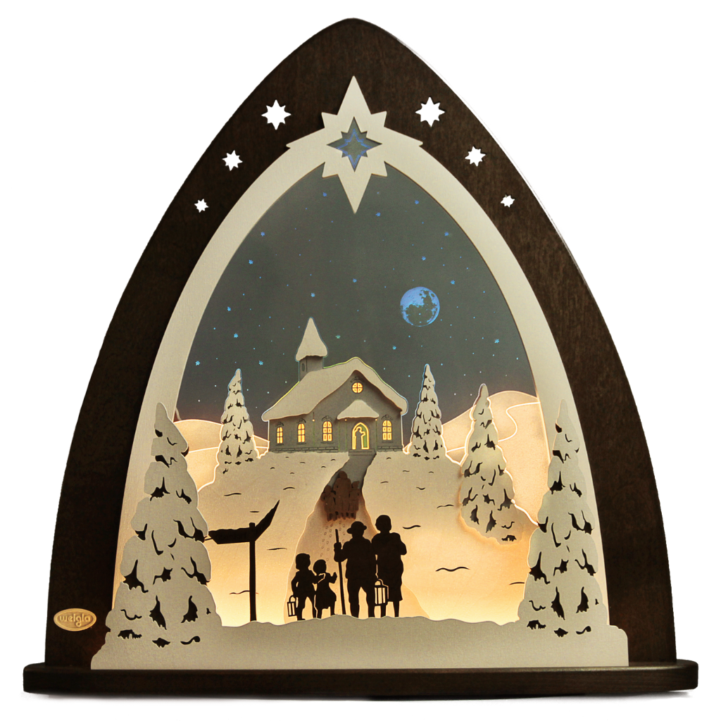 Lichterspitze aus Acrylglas und Holz in Braun weiß gehalten. Motiv eine verschneite Berglandschaft auf der oben auf dem Gipfel eine kleine Kapelle steht. Hergestellt im Erzgebirge