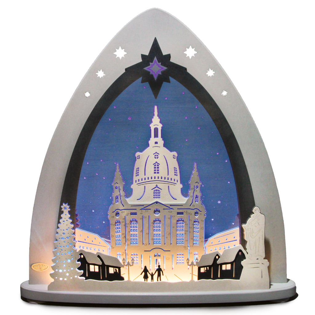 Lichterspitze LED Dresdner Frauenkirche moderne Lichterspitze aus Acrylglas und Holz in Grau Blau gehalten mit dem Motiv der Dresdner Frauenkirche. Hergestellt im Erzgebirge.