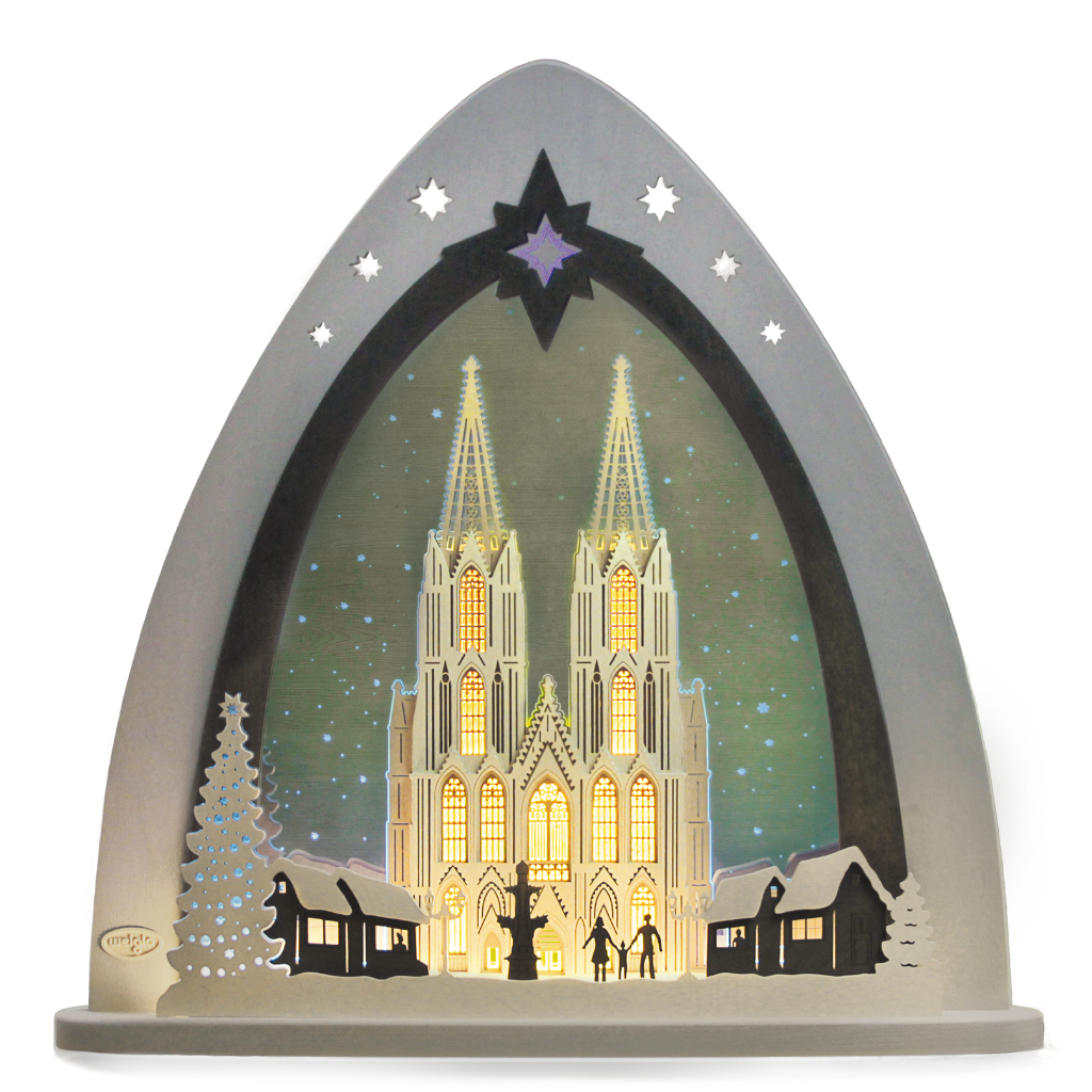 Lichterspitze Kölner Dom LED Lichterspitze aus Acrylgas und Holz in Grau weiß gehalten. Motiv Kölner Dom mit Weihnachtsmarkt. Hergestellt im Erzgebirge.