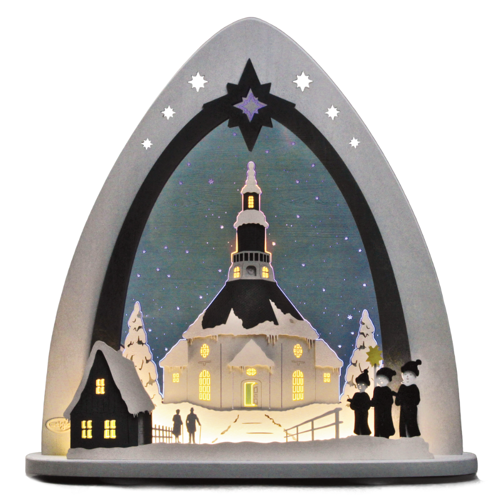 Lichterspitze aus Acrylglas und Sperrholz in Grau Blau gehalten. Motiv Seiffener Kirche. Hergestellt im Erzgebirge