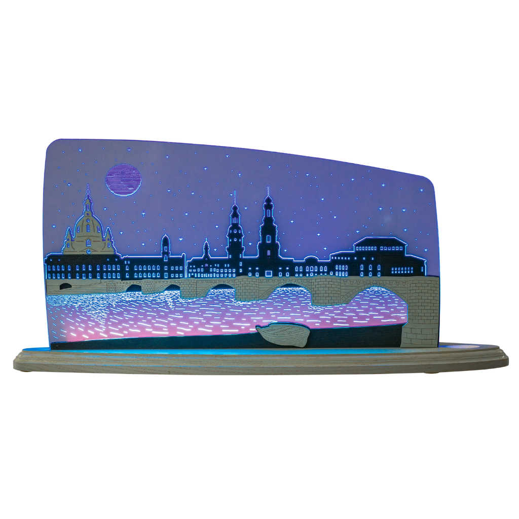 Motivleuchte Dresden bei Nacht Dekoleuchte aus blauem Acrylglas und grauem Sperrholz. Hier wird die Altstadt von Dresden präsentiert. Hergestellt im Erzgebirge