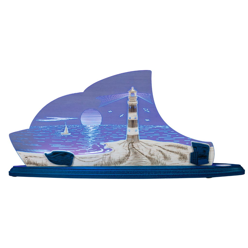 Motivleuchte Maritim Dekoleuchte aus Acrylglas und Holz in Blau weiß gehalten mit maritimen Motiv (Leuchtturm, Strand, Boot). Hergestellt im Erzgebirge