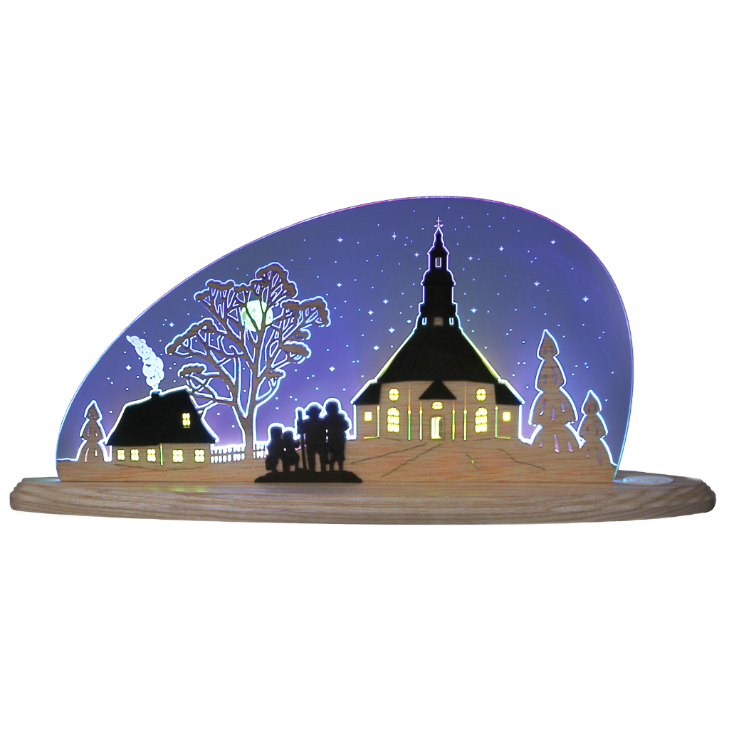 Motivleuchte Seiffener Kirche Dekoleuchte aus blauem Acrylglas mit Holz. Motiv Seiffener Kirche. Hergestellt im Erzgebirge