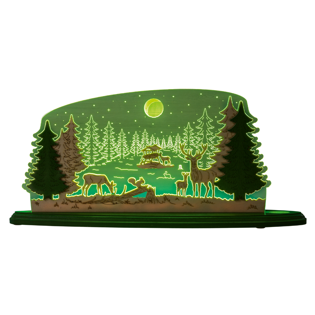 Motivleuchte Waldidylle Dekoleuchte aus grünem Acrylglas und Naturholz. Motiv Wald mit Hirsch und Futterkrippe. Hergestellt im Erzgebirge