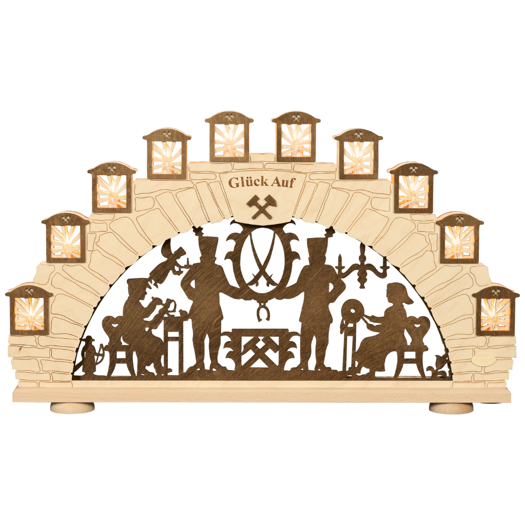 SB10EB Schwibbogen Erzgebirge 10 flammig Schwibbogen mit traditionellen Erzgebirge Motiv in Natur und braun gehalten. Im Erzgebirge hergestellt.