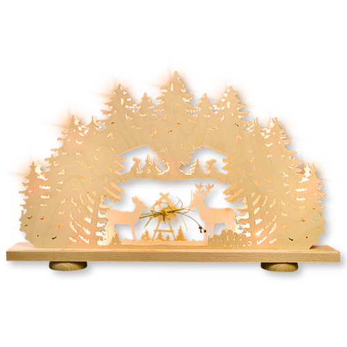 Schwibbogen aus dem Erzgebirge 10 flammig. Motiv Hirsche mit Futterkrippe (Waldmotiv) in der Futterkrippe wurde echtes Heu gelegt. Hergestellt im Erzgebirge