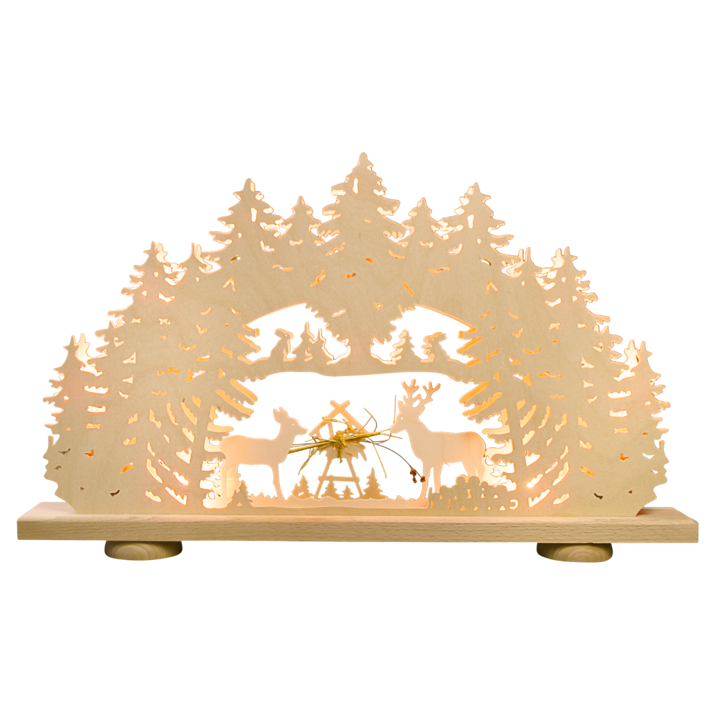 SB10FKH Schwibbogen Futterkrippe 10 flammig Schwibbogen mit Waldmotiv. Fressende Hirsche an Futterkrippe. Mit echtem Heu. Hergestellt im ERzgebirge