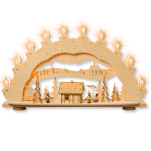 Schwibbogen Winterzauberland mit R&auml;ucherhaus und handgedrechselten Figuren. Hergestellt im Erzgebirge.