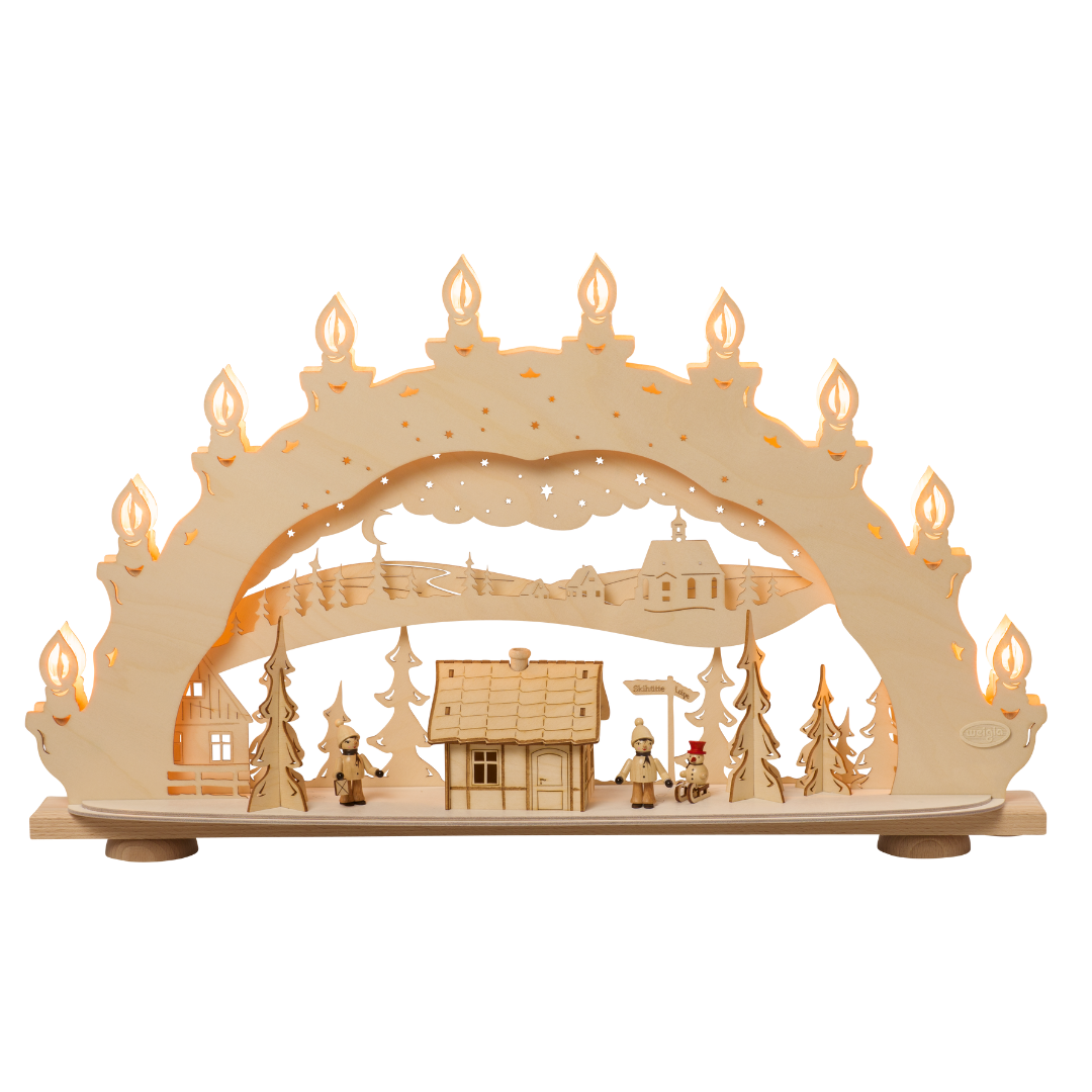 SB10WZL Schwibbogen Winterzauberland 10 flammig Schwibbogen Winterzauberland aus dem Erzgebirge. Mit handgedrechselten Winterkindern und funktionsfähigen Räucherhaus