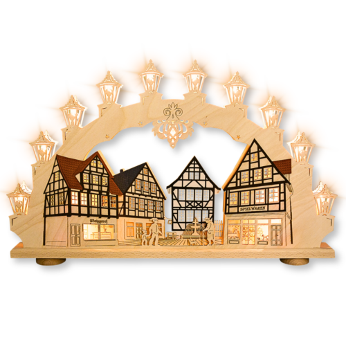 Schwibbogen 15 flammig mit Altstadt Motiv. Hergestellt im ERzgebirge