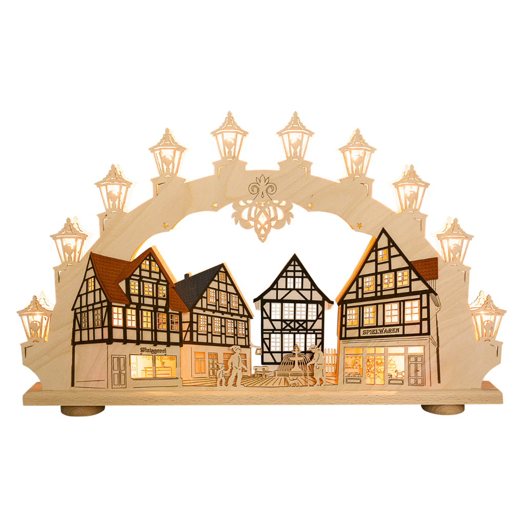 SB15AS Schwibbogen Altstadt 15 flammig Schwibbogen mit Altstadt Motiv. Hergestellt im Erzgebirge