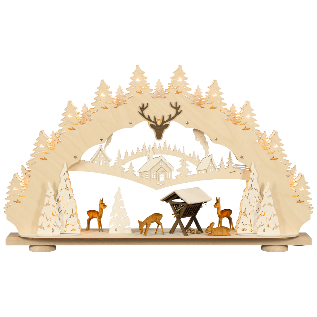 SB15RIW Schwibbogen Rehe im Wald 15 flammig Schwibbogen mit handgeschnitzten Rehen und Futterkrippe. In Braun und Naturtönen. Aus dem Erzgebirge