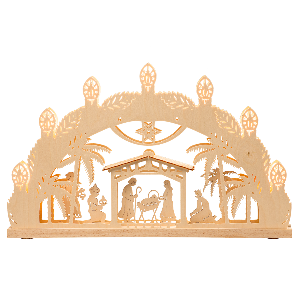 SB7BH Schwibbogen Bethlehem 7 flammig Schwibbogen mit christi Geburt Motiv im Stall. Hergestellt im Erzgebirge