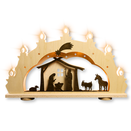 Schwibbogen Landhausstil Christi Geburt in Natur Braun gehalten. Hergestellt im Erzgebirge.