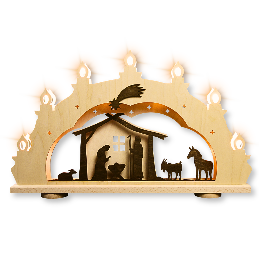 Schwibbogen Rustikal Christi Geburt 7 flammig Schwibbogen Landhausstil Christi Geburt in Natur Braun gehalten. Hergestellt im Erzgebirge.