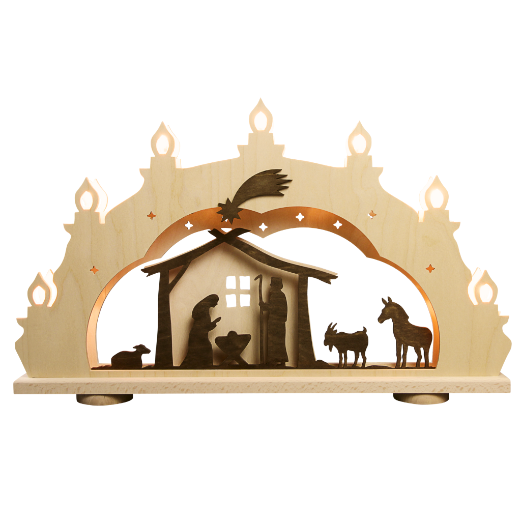 SB7RCG Schwibbogen Rustikal Christi Geburt 7 flammig Schwibbogen Rustikal mit christlichen Motiv. Maria kniet vor Jesus in im Stall vom Bethlehem. Die Figuren sind in Braun gehalten. Hergestellt im Erzgebirge