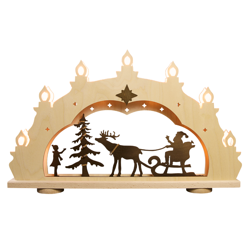 SB7RWS Schwibbogen Rustikal Weihnachtsmann auf Schlitten 7 flammig
