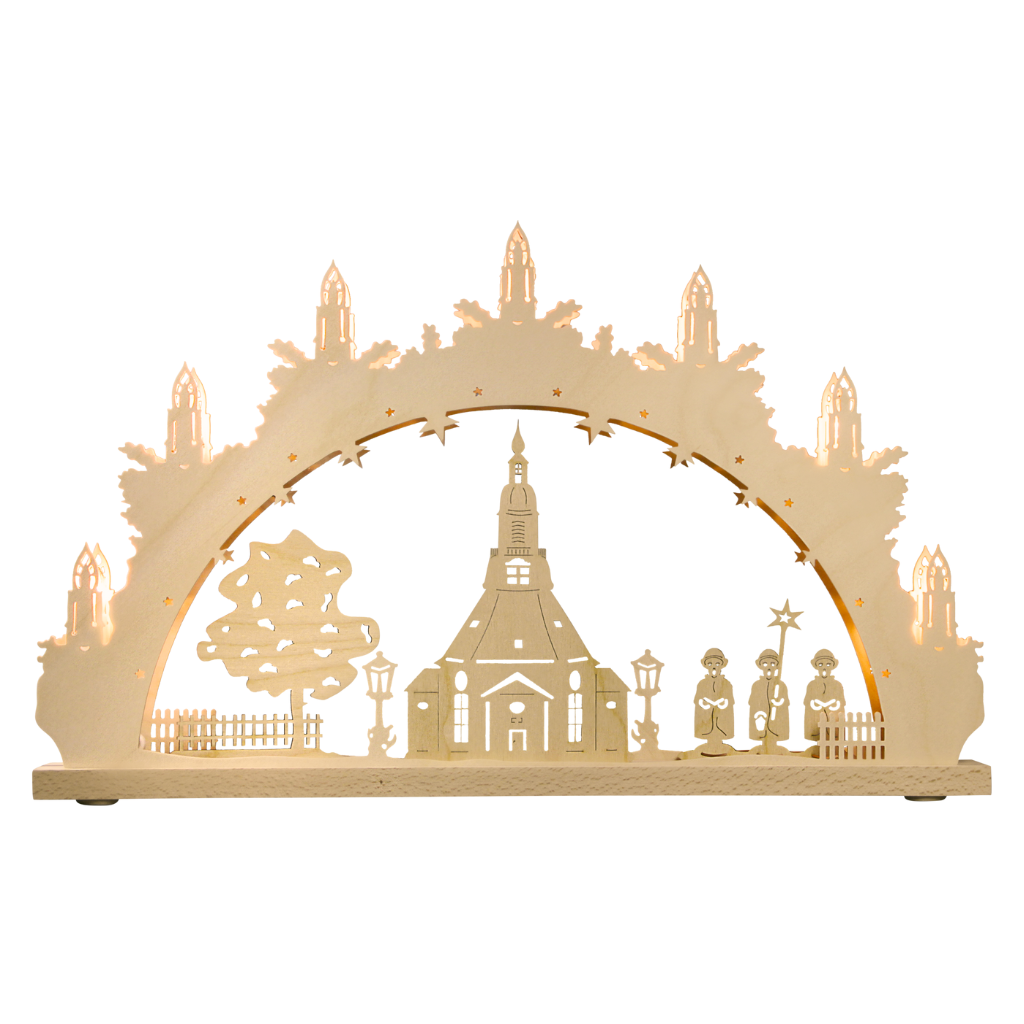 SB7SK Schwibbogen Seiffener Kirche 7 flammig Schwibbogen mit Seiffener Kirche und Kurrende. Hergestellt im Erzgebirge