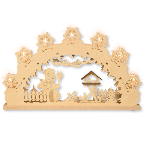 Schwibbogen aus dem Erzgebirge mit Schneemann Motiv und Vogelhaus.