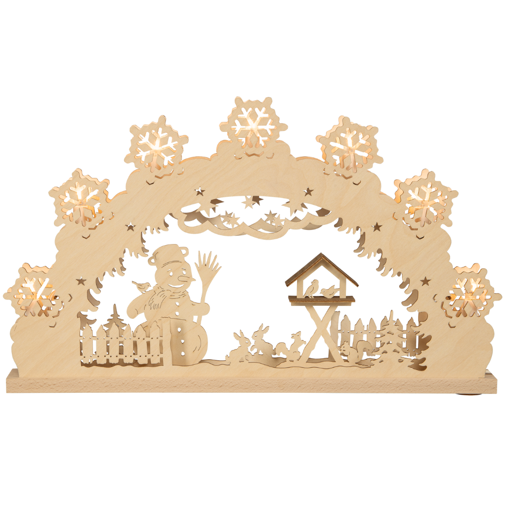 SB7SM Schwibbogen Schneemann 7 flammig Schwibbogen mit Schneemann Motiv. Beleuchtung ist hinter Schneeflocken versteckt. Hergestellt im Erzgebirge